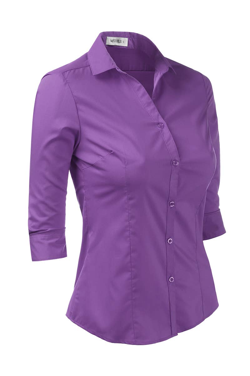 CWTSTL709_3/4 Sleeve Button Down Collar Shirt Blouse
