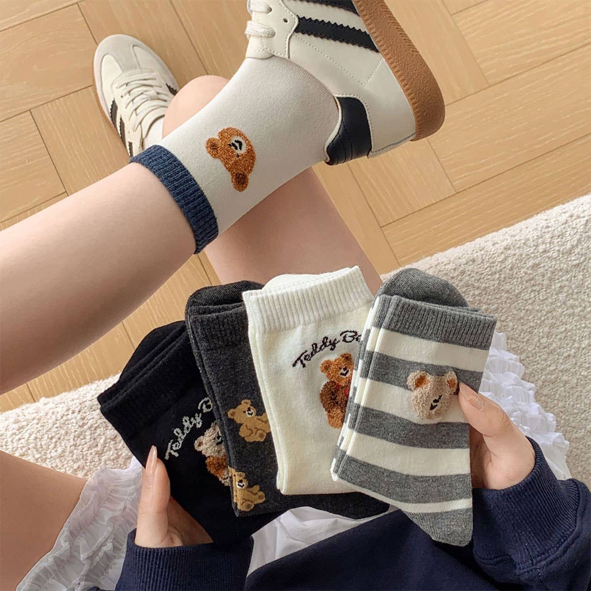 Cute Bear Pattern Cotton Crew Socks for Womens