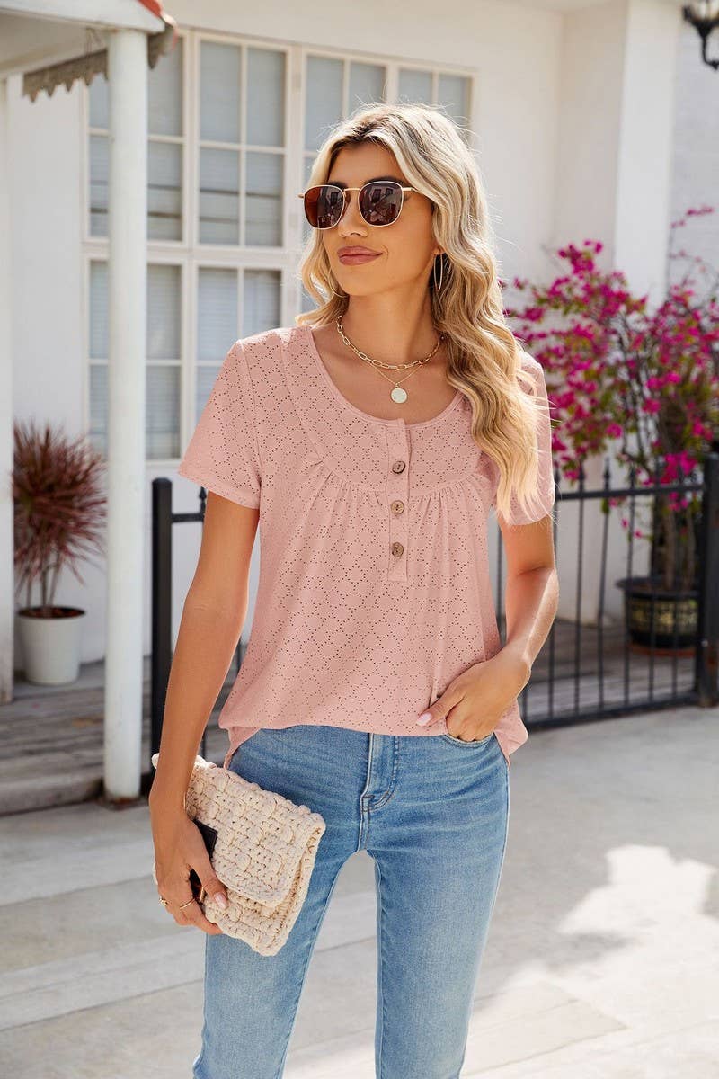 CWTBLS0435_Round Neck Short Sleeve Blouse