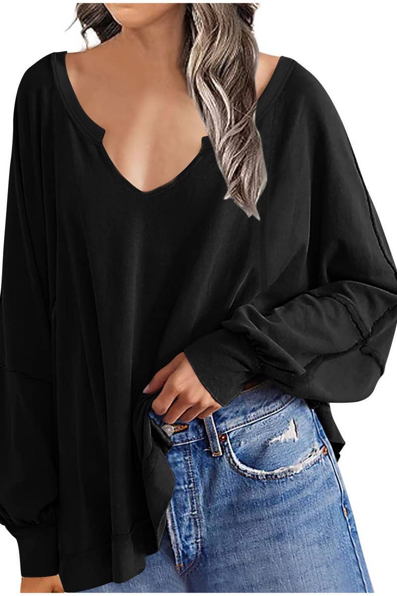 CWTBLL3940_LOOSE SOLID V-NECK ASYMMETRICAL LONG SLEEVE TEE