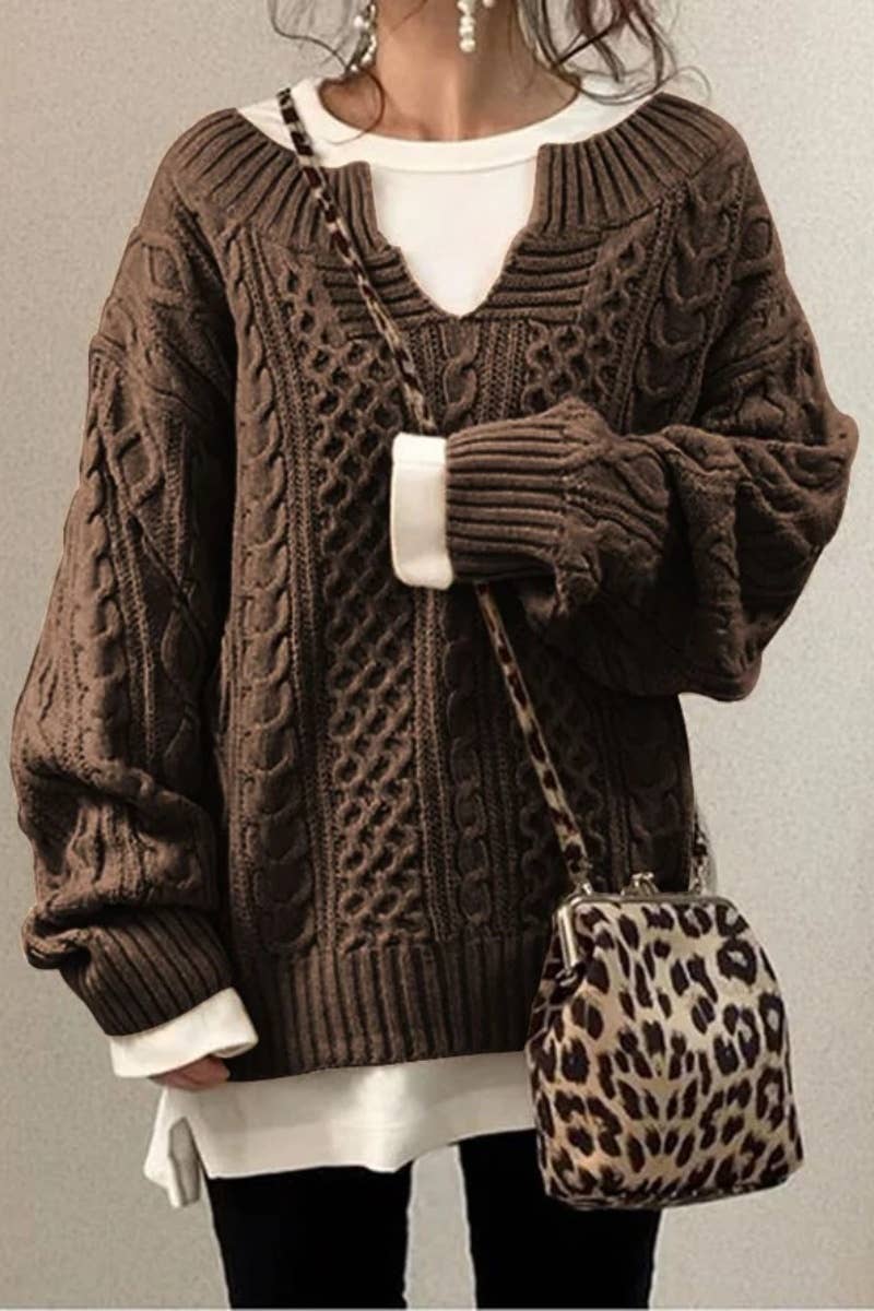 CWOSWL6645_CASUAL V-NECK LONG SLEEVE SWEATER WITH TWIST