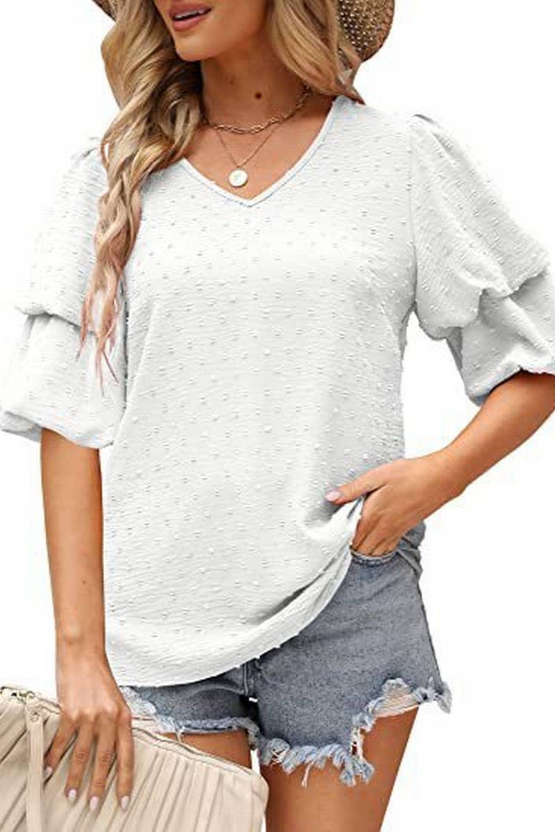 CWTBLS02488_V-NECK LANTERN SLEEVE DOT CHIFFON TOP