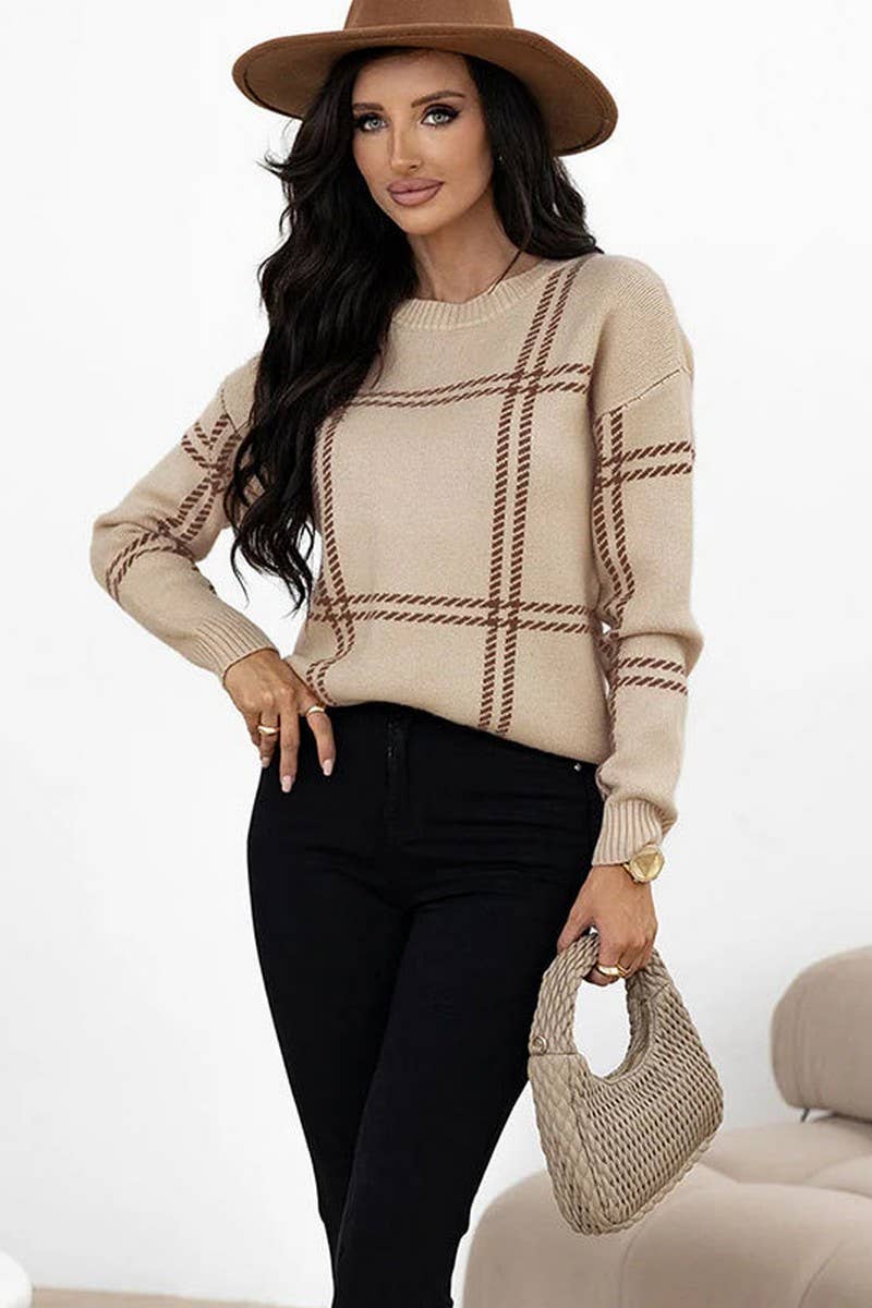 CWOSWL07350_PLAID COLORBLOCK CREWNECK KNIT SWEATER