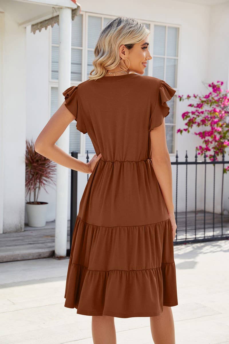 CWDMD2224_V-NECK RUFFLE SLEEVE SOLID COLOR CASUAL DRESS