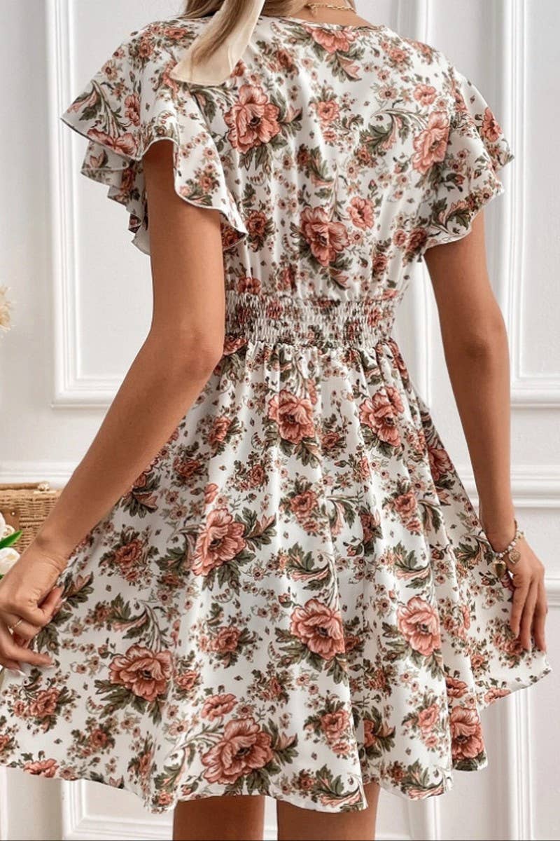 CWDSD10544_ELEGANT FLUTTERING SLEEVE WAIST FLORAL DRESS