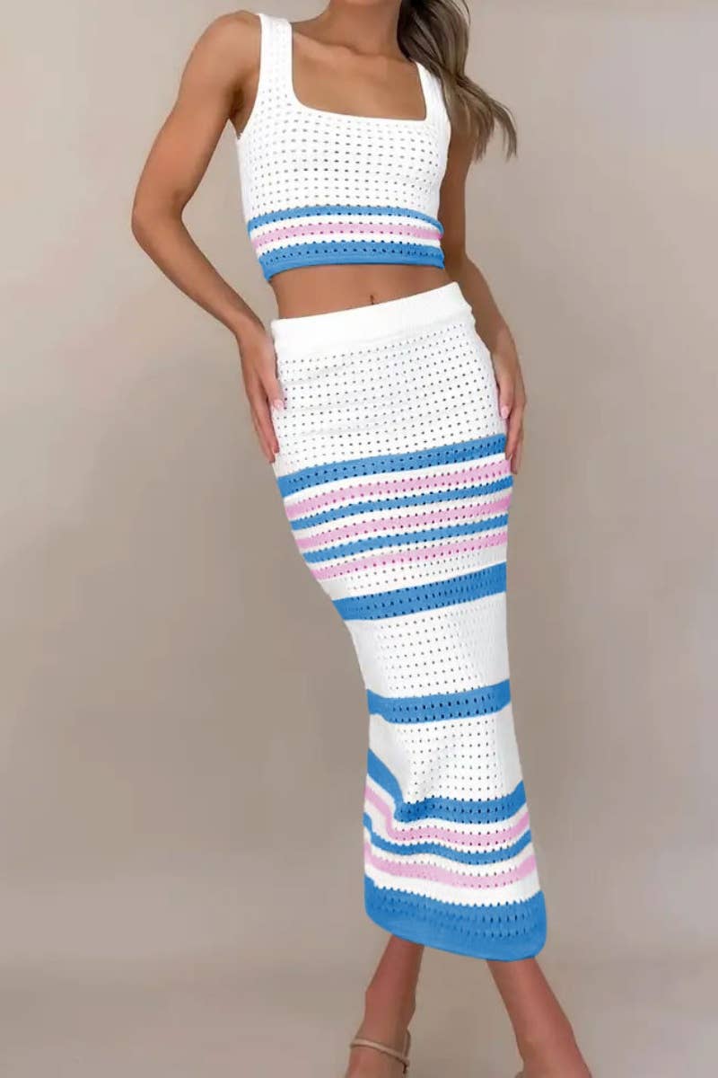 CWSS0493_SLEEVELESS STRIPED TOP BODYCON LONG SKIRT SUIT