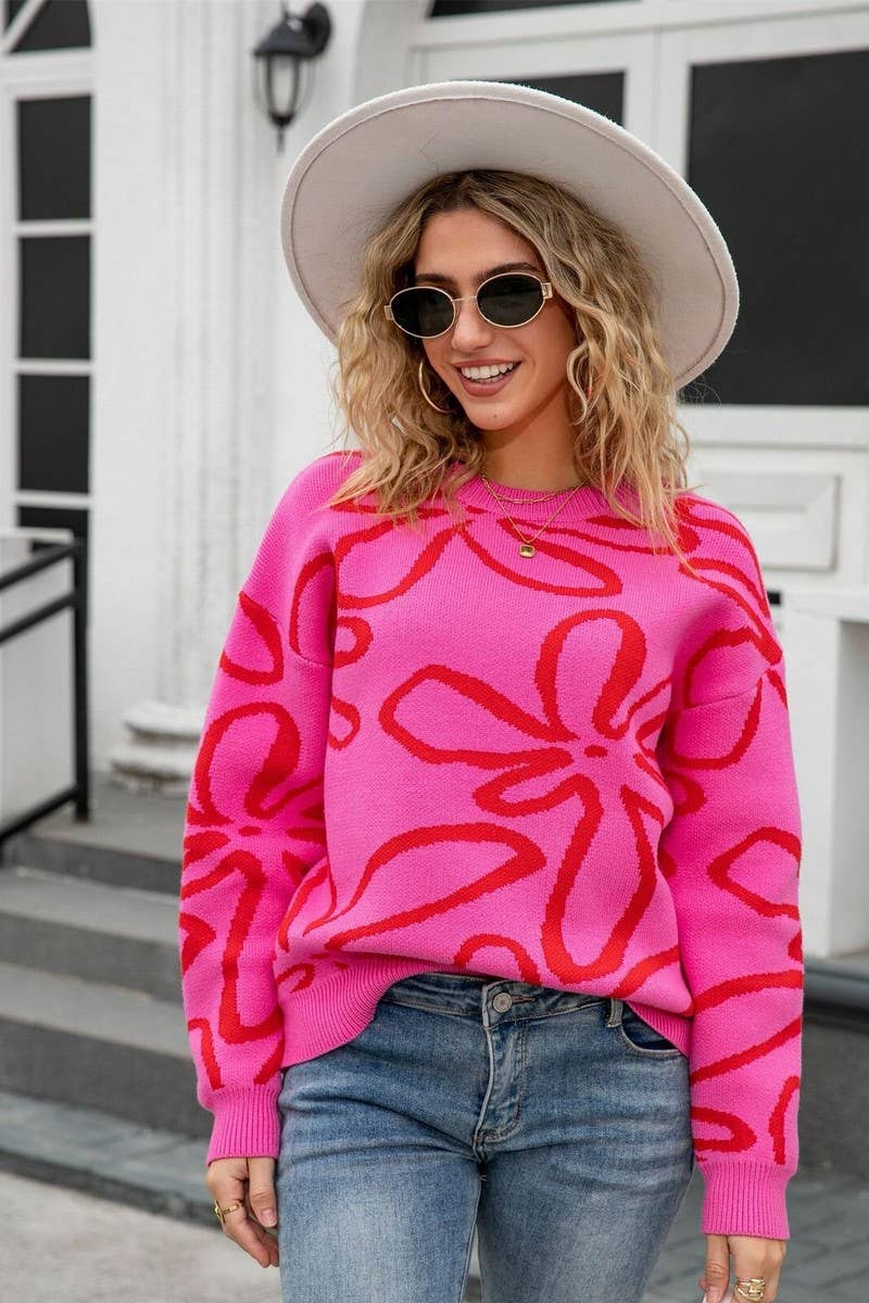 CWOSWL07602_FLORAL COLORBLOCK CREWNECK LOOSE KNIT SWEATER