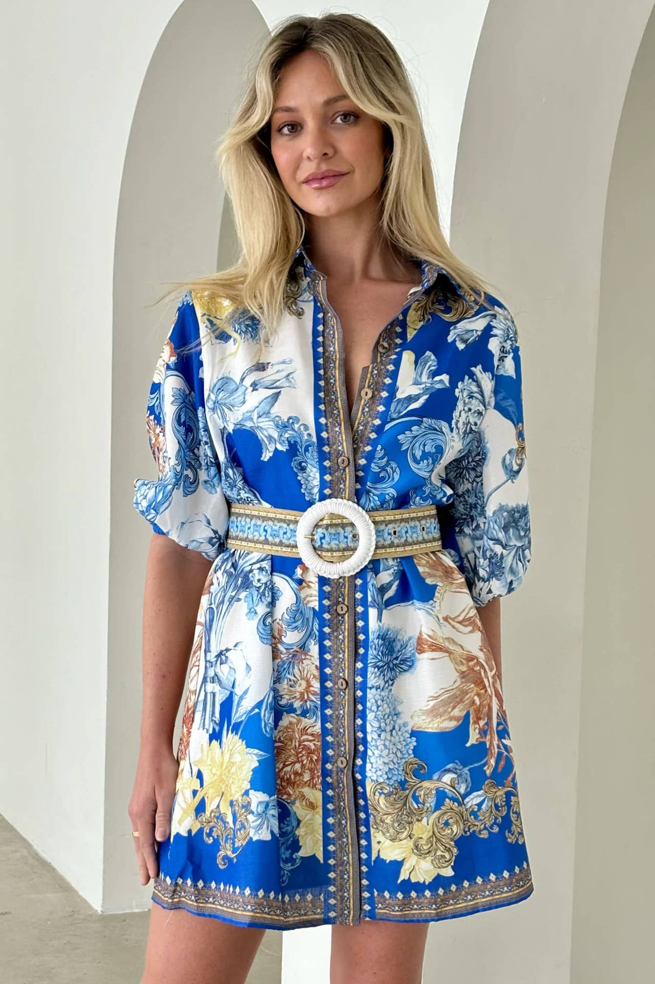 Casual fashion printed V-neck short waist dress