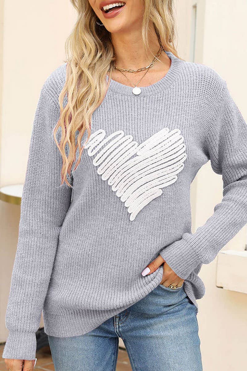 CWOSWL5811_HEART EMBROIDERED LOOSE CREW NECK SWEATER