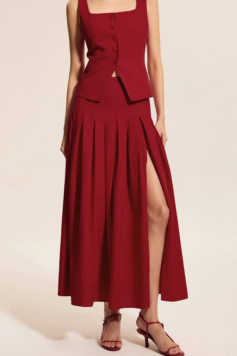 CWSTB2150_WAIST-CINCHED VEST & FLARE SLIT SKIRT SET