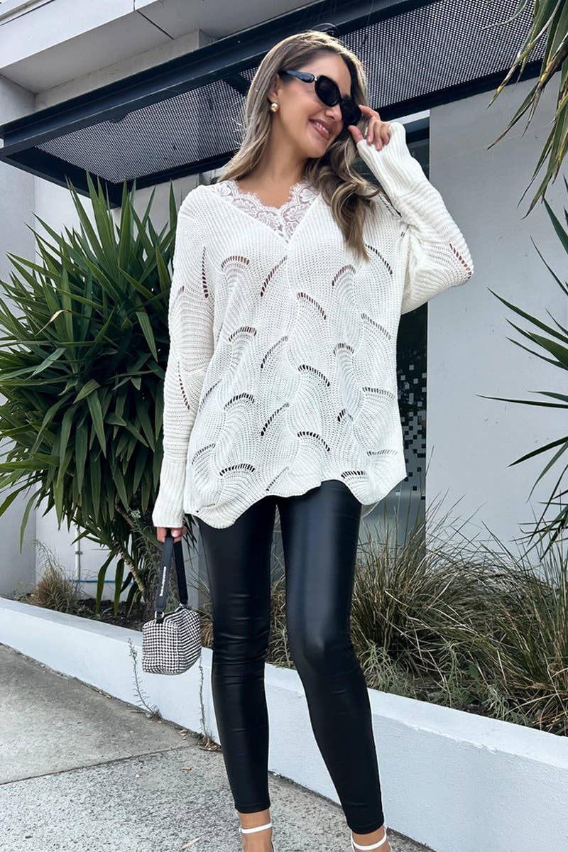 CWTHT0156_2025 NEW LACE STITCHING MID-LENGTH WHITE SWEATER