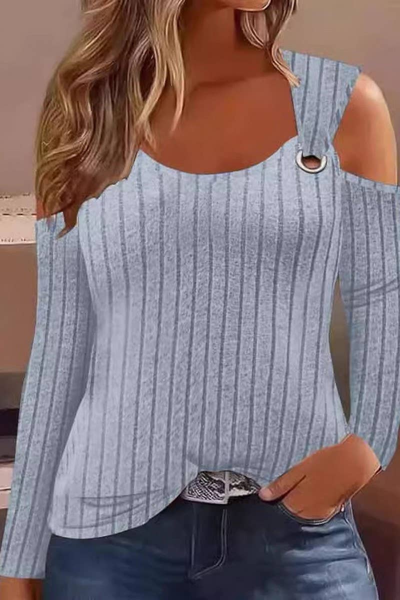 CWTBLL2862_SOLID COLOR V-NECK METAL BUTTONED LONGSLEEVED TOP