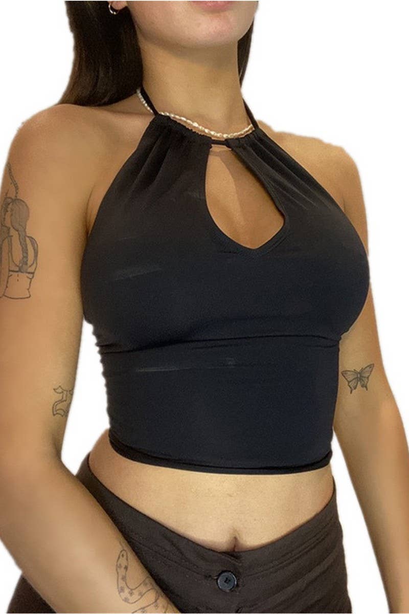 CWTTSL0519_HALTER SOLID COLOR CASUAL SHORT SLEEVELESS TOP