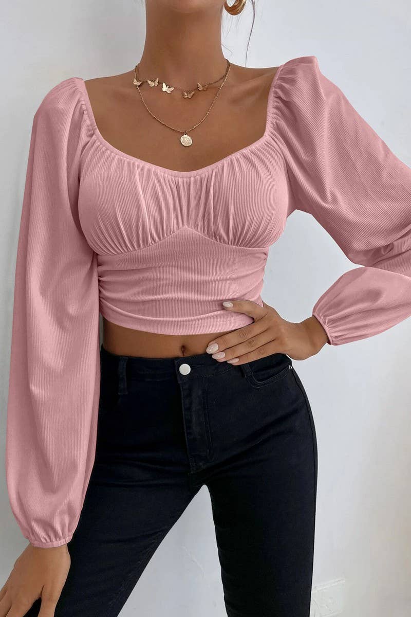 CWTBLL2226_SQUARE NECK LANTERN SLEEVES SHORT SOLID COLOR TOP