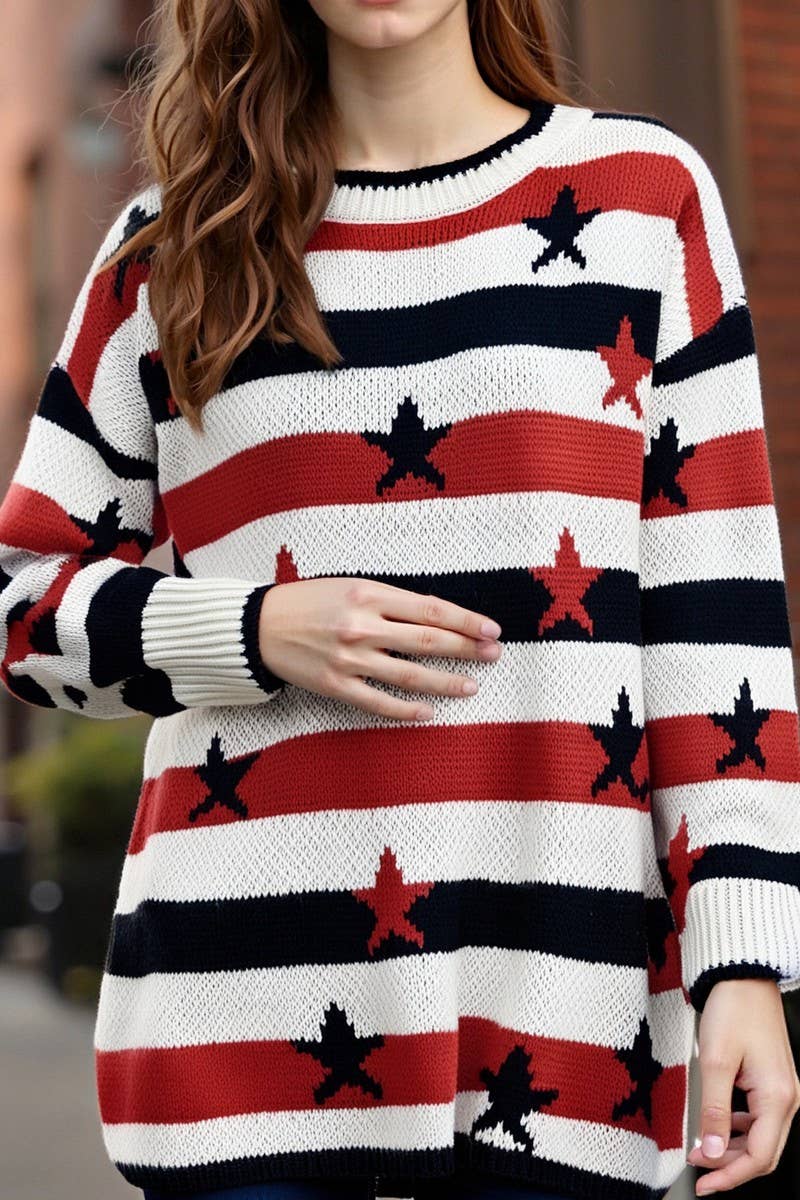 CWOSWL07090_FASHION LOOSE LONG-SLEEVED STRIPED SWEATER