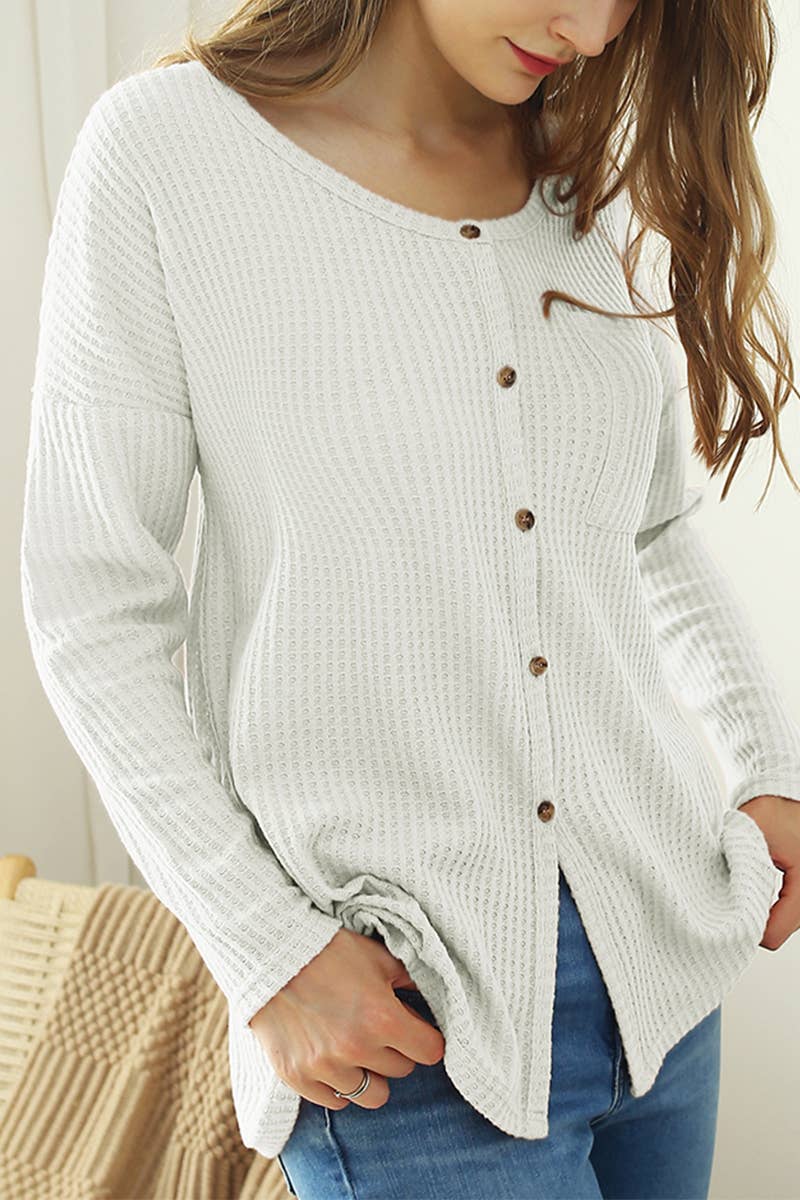 CWTSTL449-P_BUTTON BRUSHED R NECK WAFFLE TOP