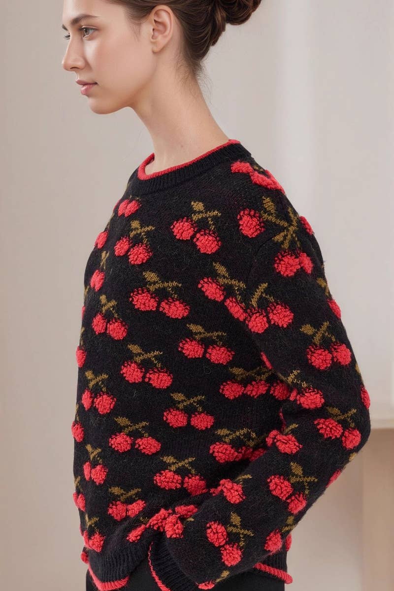 Christmas cherry jacquard pullover knit sweater