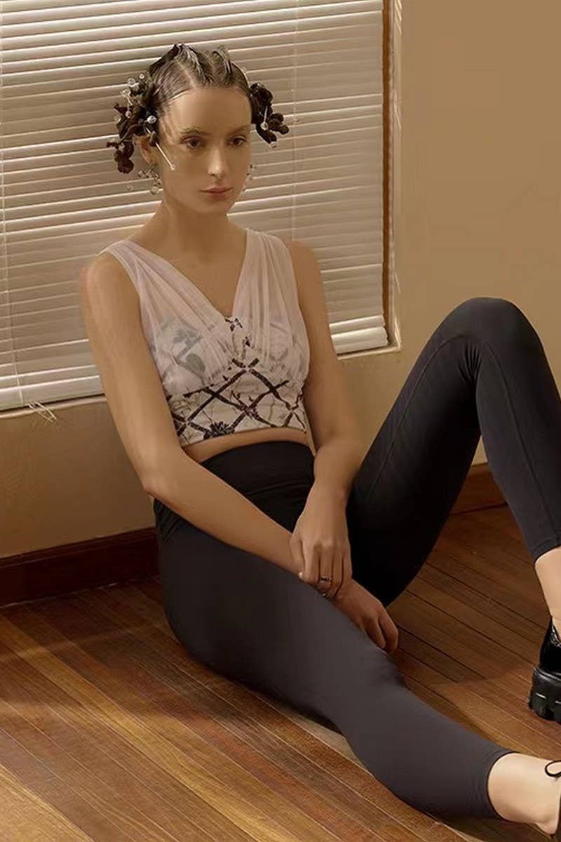 CWSTB1982_PRINTED MESH PANEL PADDED RACERBACK SPORTS BRA