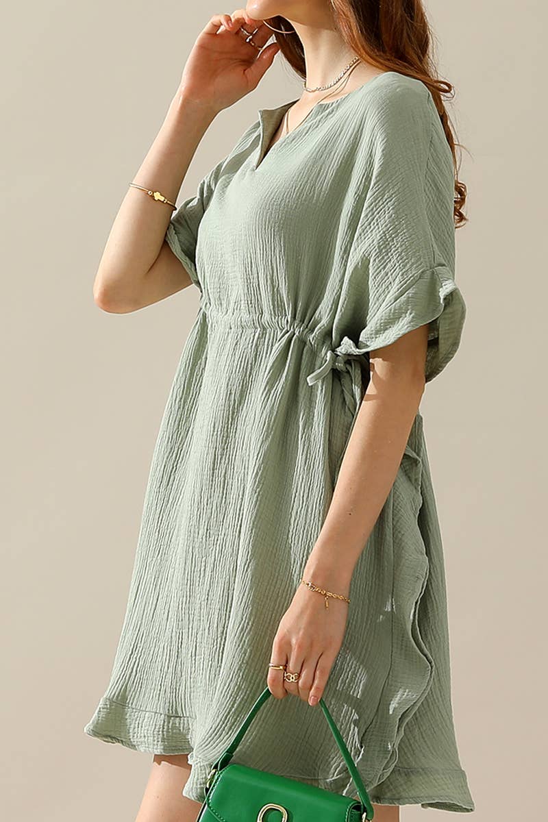 CWDSD10360_DRAWSTRING WAIST SOFT COTTON RUFFLE HEM DRESS