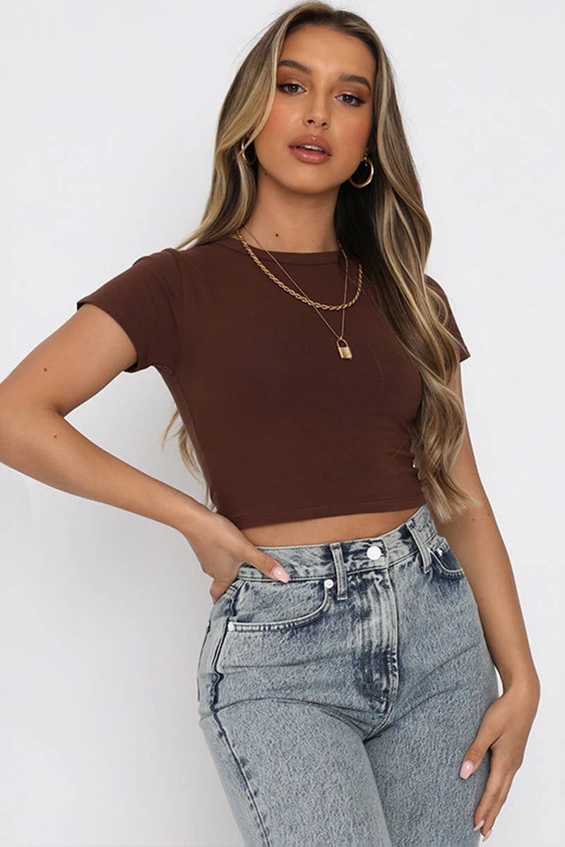 CWTTS1346_SOLID COLOR ROUND NECK SHORT BELLY EXPOSED TOP