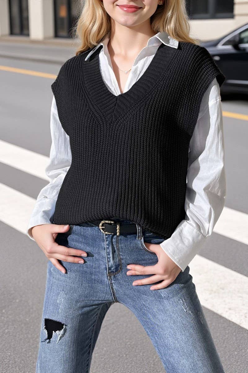 CWOSWL07396_)WOMEN V NECK KNIT SWEATER VEST TOP