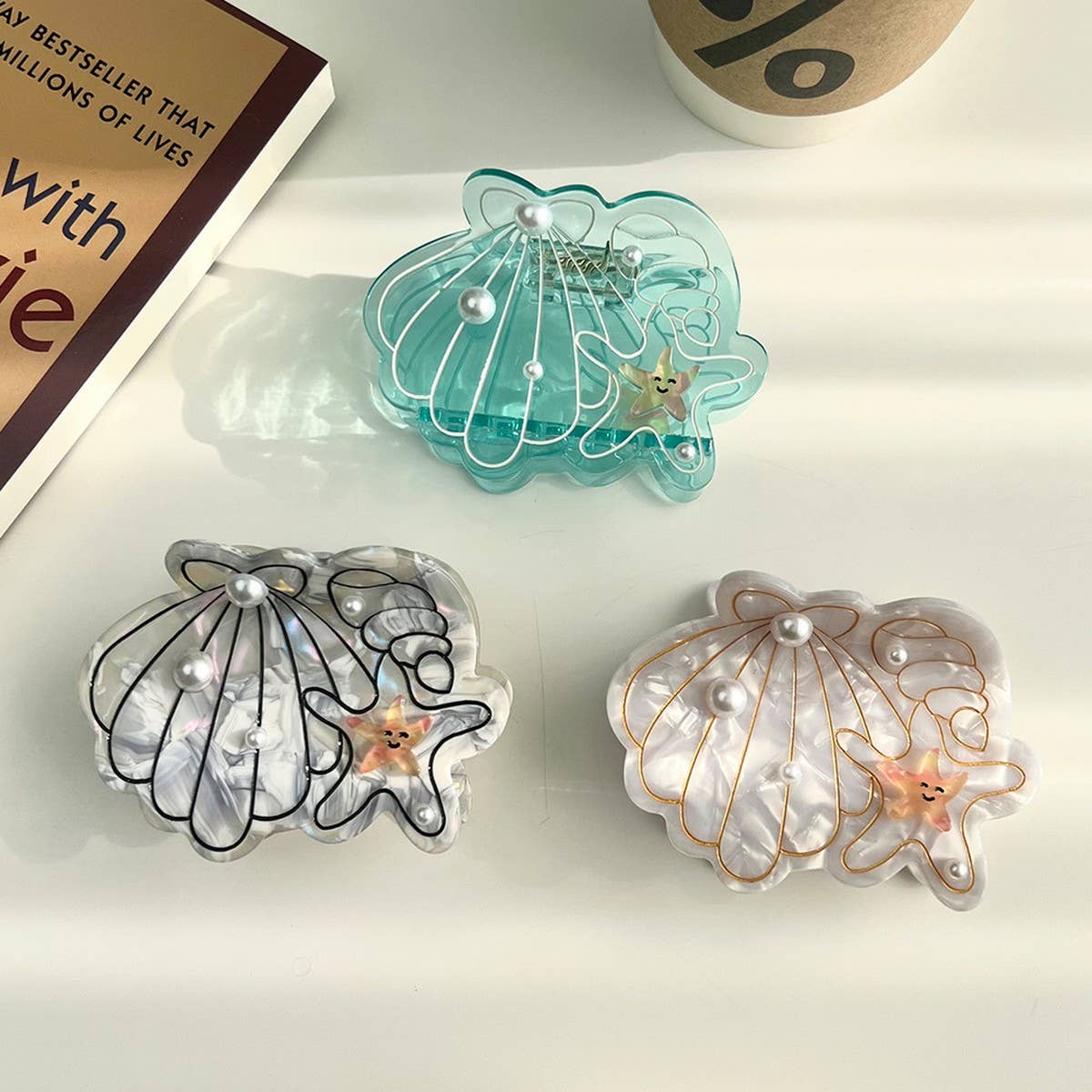 Ocean Shell & Starfish Hair Claw, Pearl Shark Clip_CWAHA5898