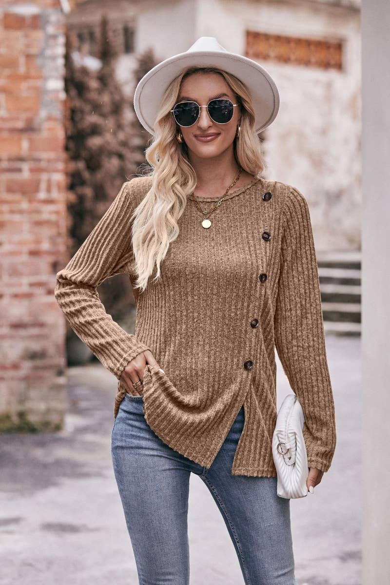 CWOSWL6468_CREW-NECK LONG-SLEEVED SWEATER WITH SPLIT BUTTONS