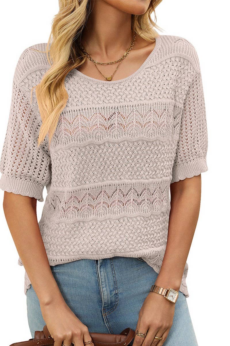 CWOSWS0128_CREW NECK HOLLOW KNIT CROCHET SHORT SLEEVE TOP