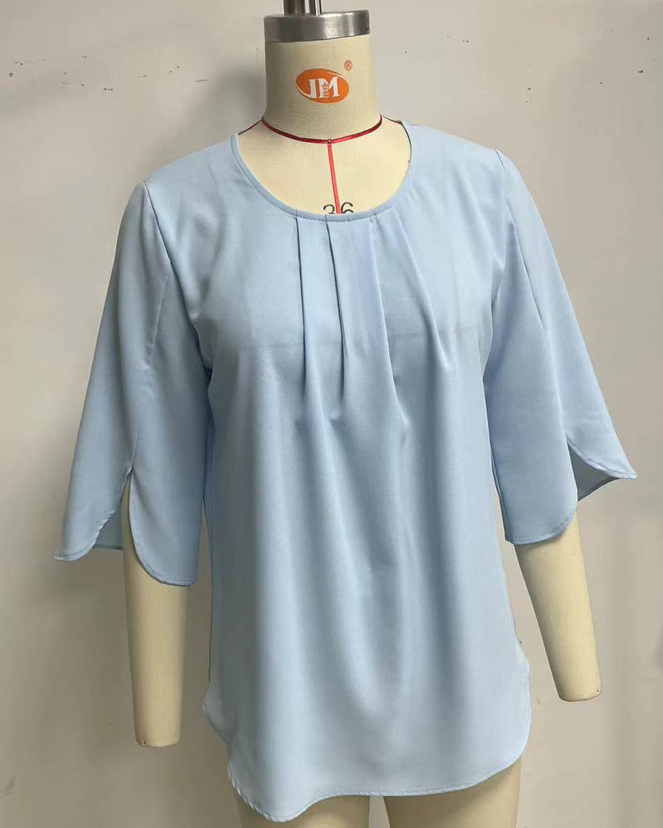 Crew-neck loose chiffon with five-quarter sleeves