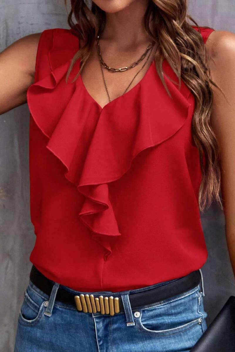 CWTBLSL0238_V-NECK RUFFLED SOLID COLOR SLEEVELESS TOP