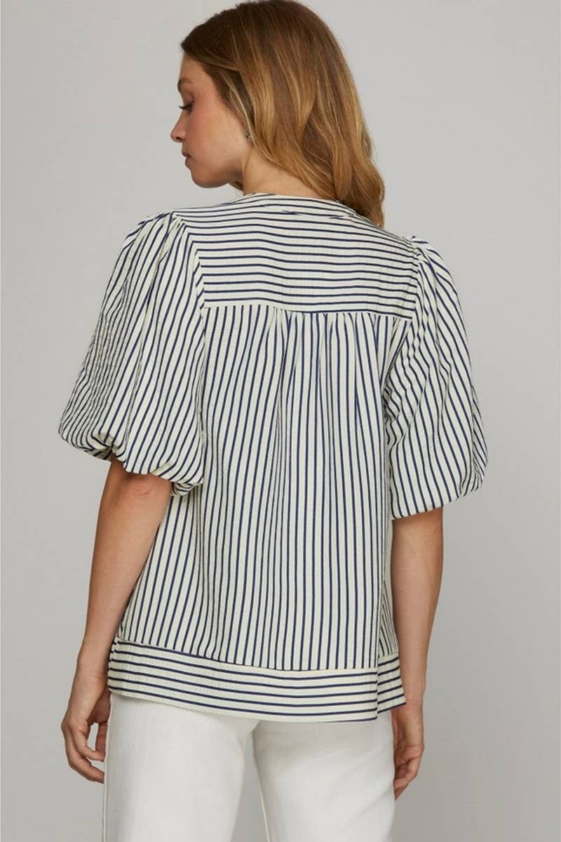 CWTBLS1814_SUMMER V-NECK PUFF SLEEVE STRIPED SHIRT