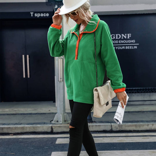 Fleece pullover hoodie with lapel button