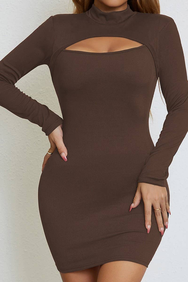 CWDSD10789_SEXY CHEST CUTOUT LONG SLEEVE DRESS