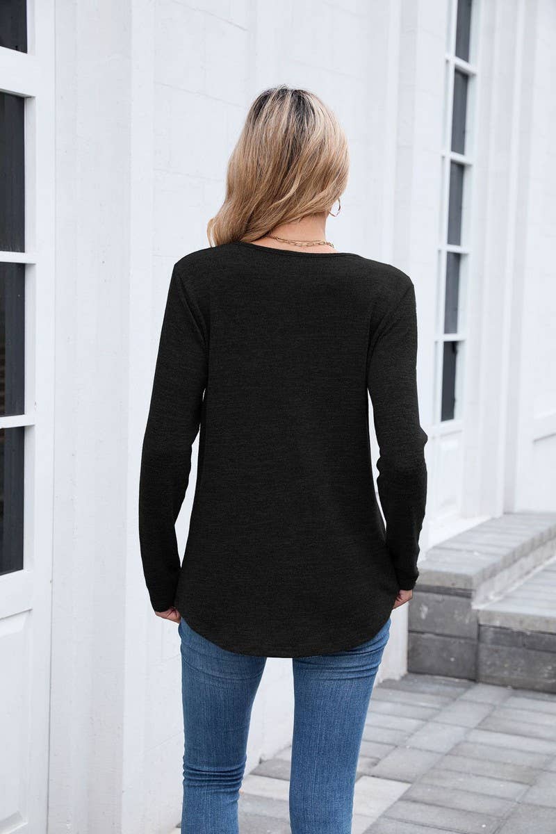 CWTBLL01302_V NECK LOOSE FIT LONG SLEEVE CASUAL TEE