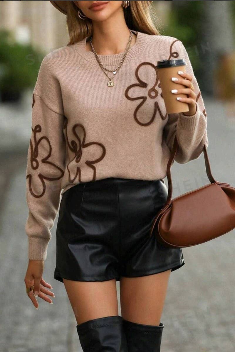CWOSWL07304_3D FLORAL EMBROIDERED CREWNECK KNIT SWEATER