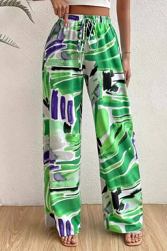 CWBLP1815_SUMMER GRAFFITI PRINT LACE-UP LOOSE TROUSERS