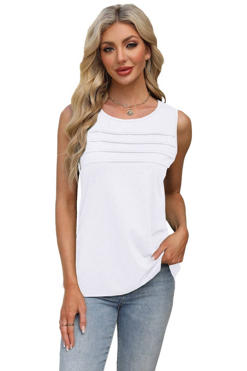 CWTBLSL0668_SOLID COLOR U-NECK PLEATED VEST T-SHIRT TOP