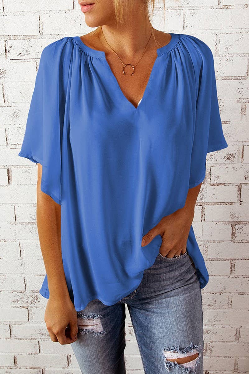 CWTBLS2307_SOLID V-NECK LOOSE FIT CHIFFON BLOUSE