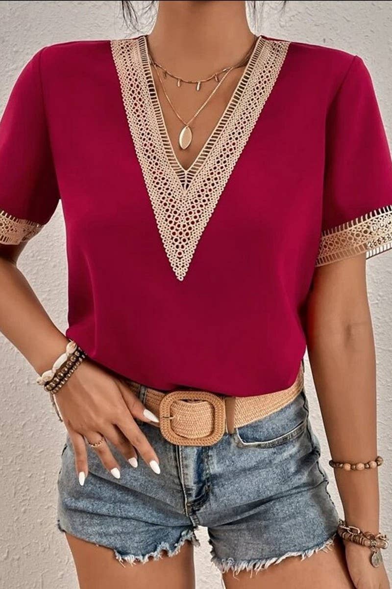 CWTBLS0826_V-NECK LACE CASUAL SOLID COLOR SHIRT