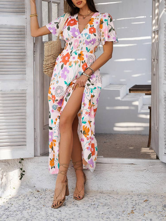 Bohemian Floral V-Neck High-Waist Dress