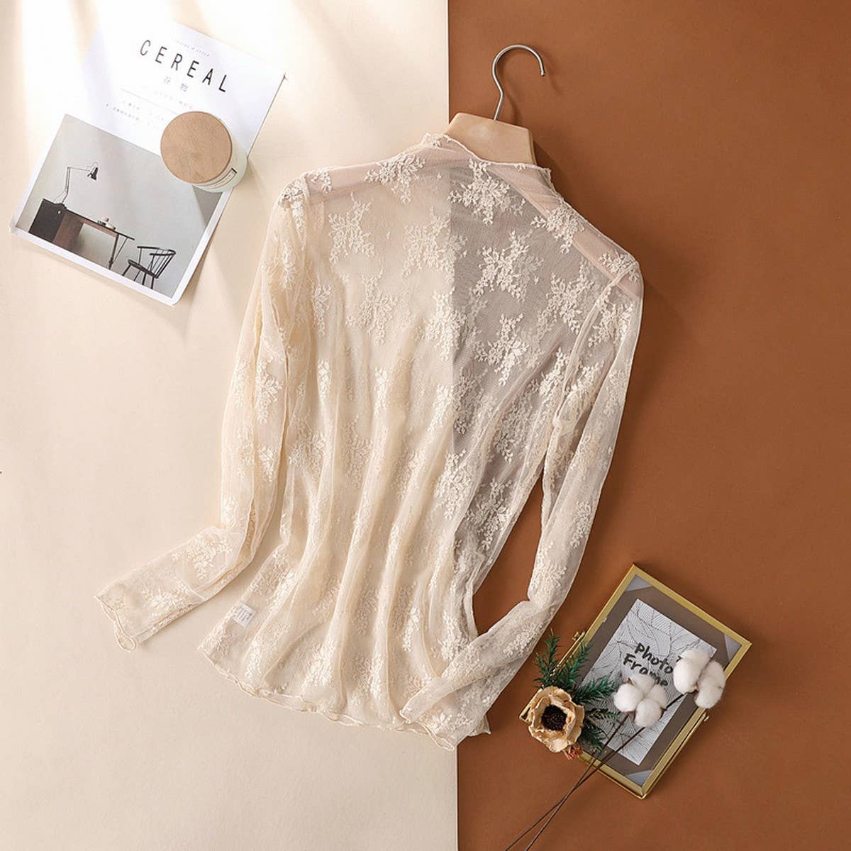 Semi Sheer Mesh Lace Sexy Slim Bottoming Shirt