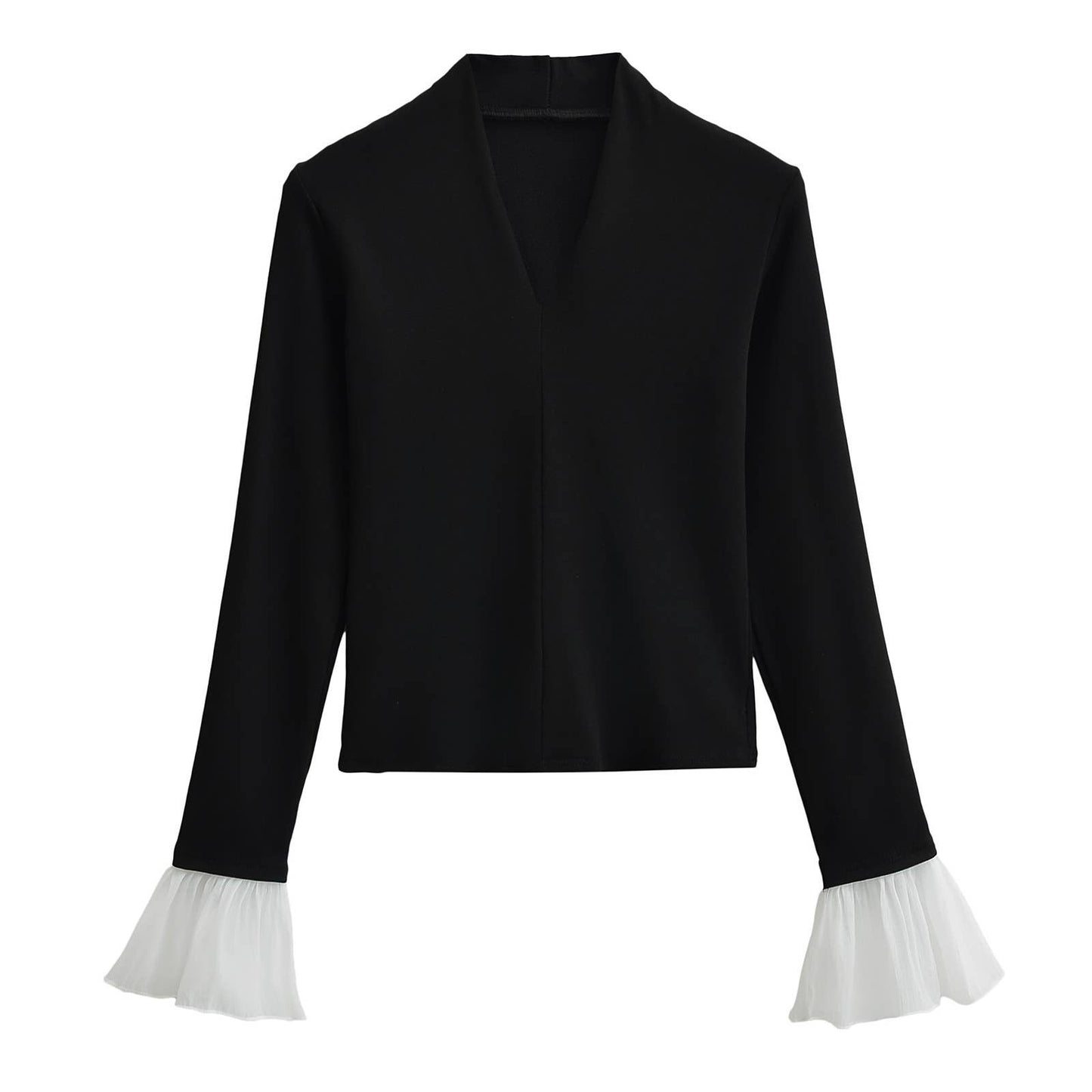 FLARED SLEEVE SPLICING V-NECK STYLE BASE SHIRT