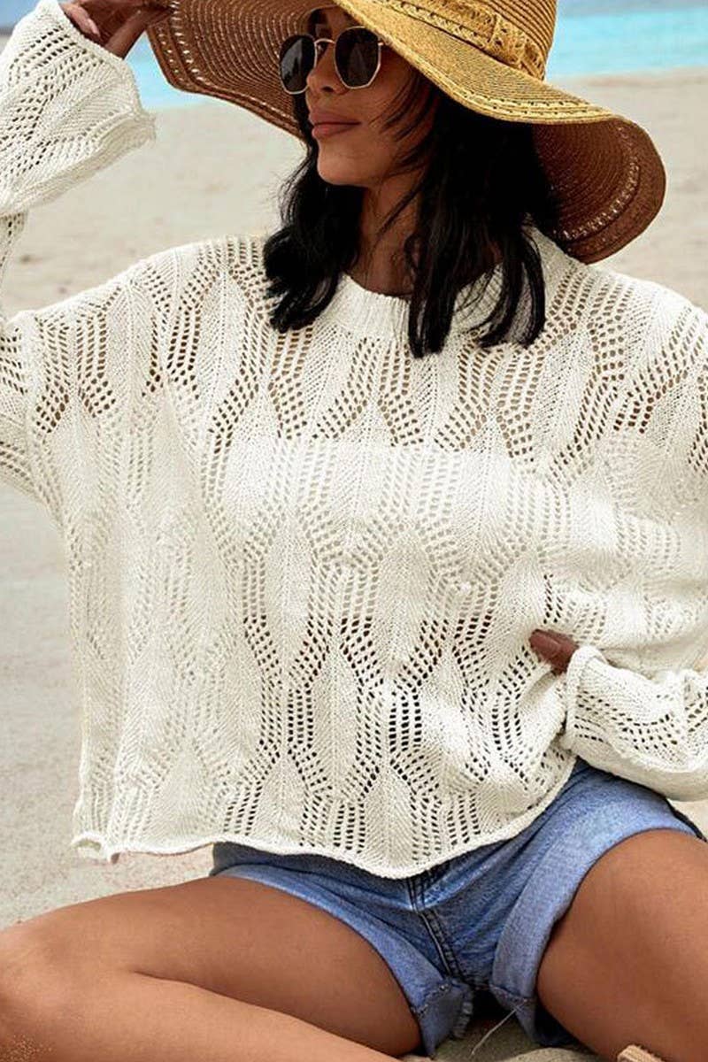 CWTBLL3667_OPEN-KNIT CROCHET LONG-SLEEVED SUN COVER-UP