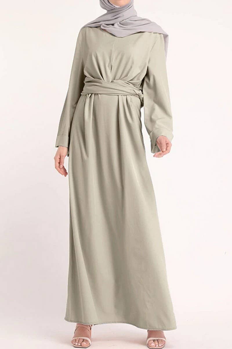 CWDMD3262_MUSLIM SOLID COLOR BELTED ROBE DRESS