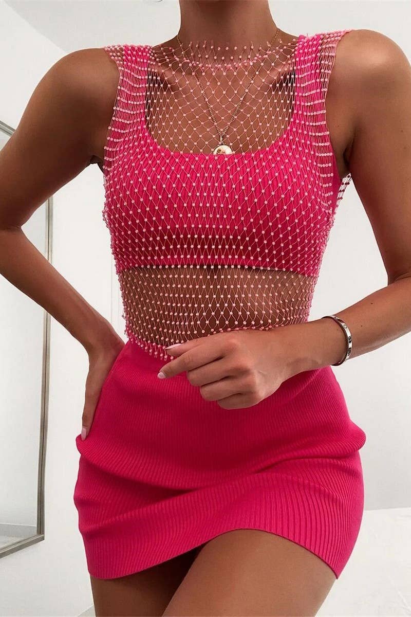 CWTTSL0401_SUMMER RHINESTONE GRID SPARKLING DIAMOND T-SHIRT