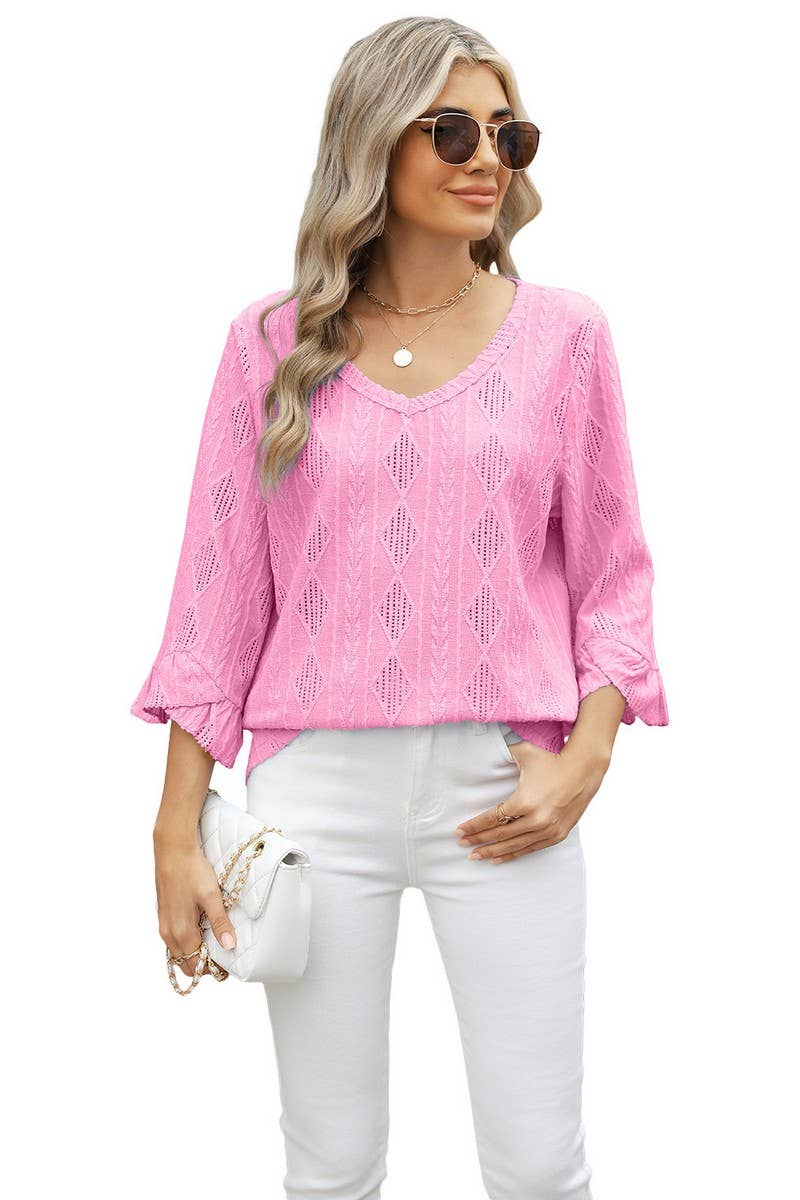 CWTBLL3672_V-NECK DIAMOND CHECK HOLLOW TRUMPET SLEEVE TOP