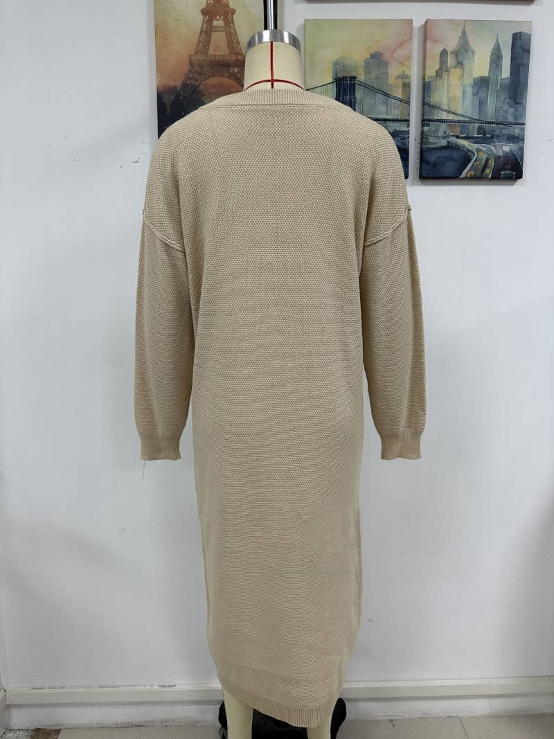 CWDMD538  Long Sleeve Loose V-Neck Button Tops Long Sweater