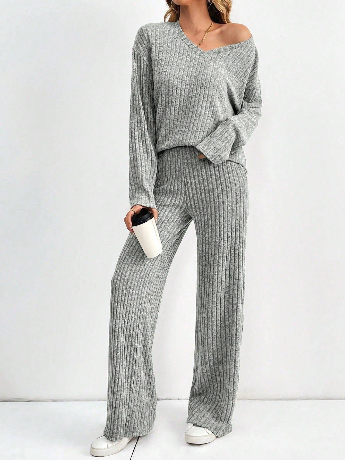 Casual straight-leg pants V-neck striped suit