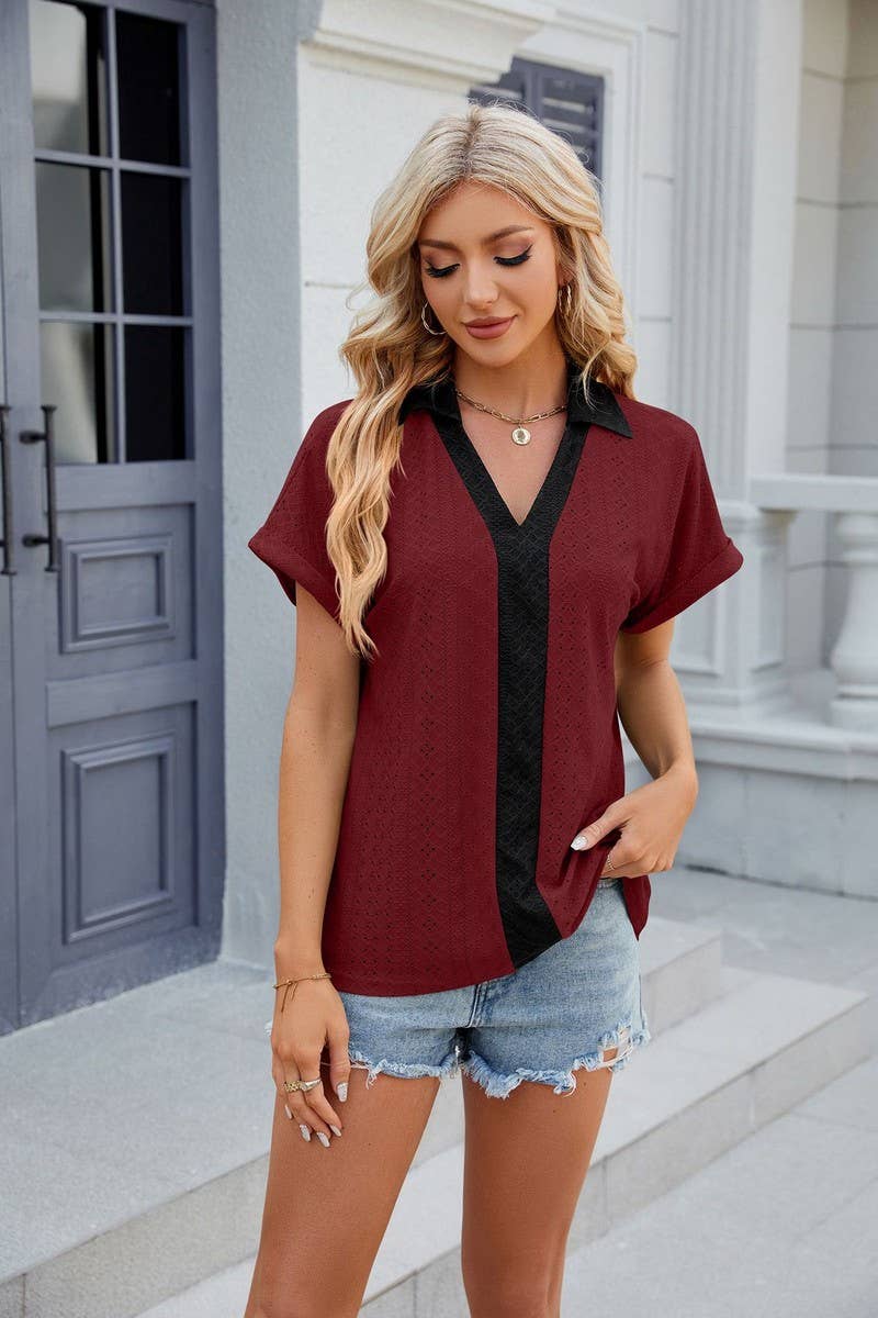 CWTTS0832_V-Neck Short Sleeve Knit Top
