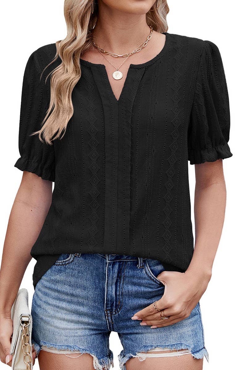 CWTBLS2276_V-NECK RUFFLE SLEEVE SOLID CASUAL T-SHIRT TOP